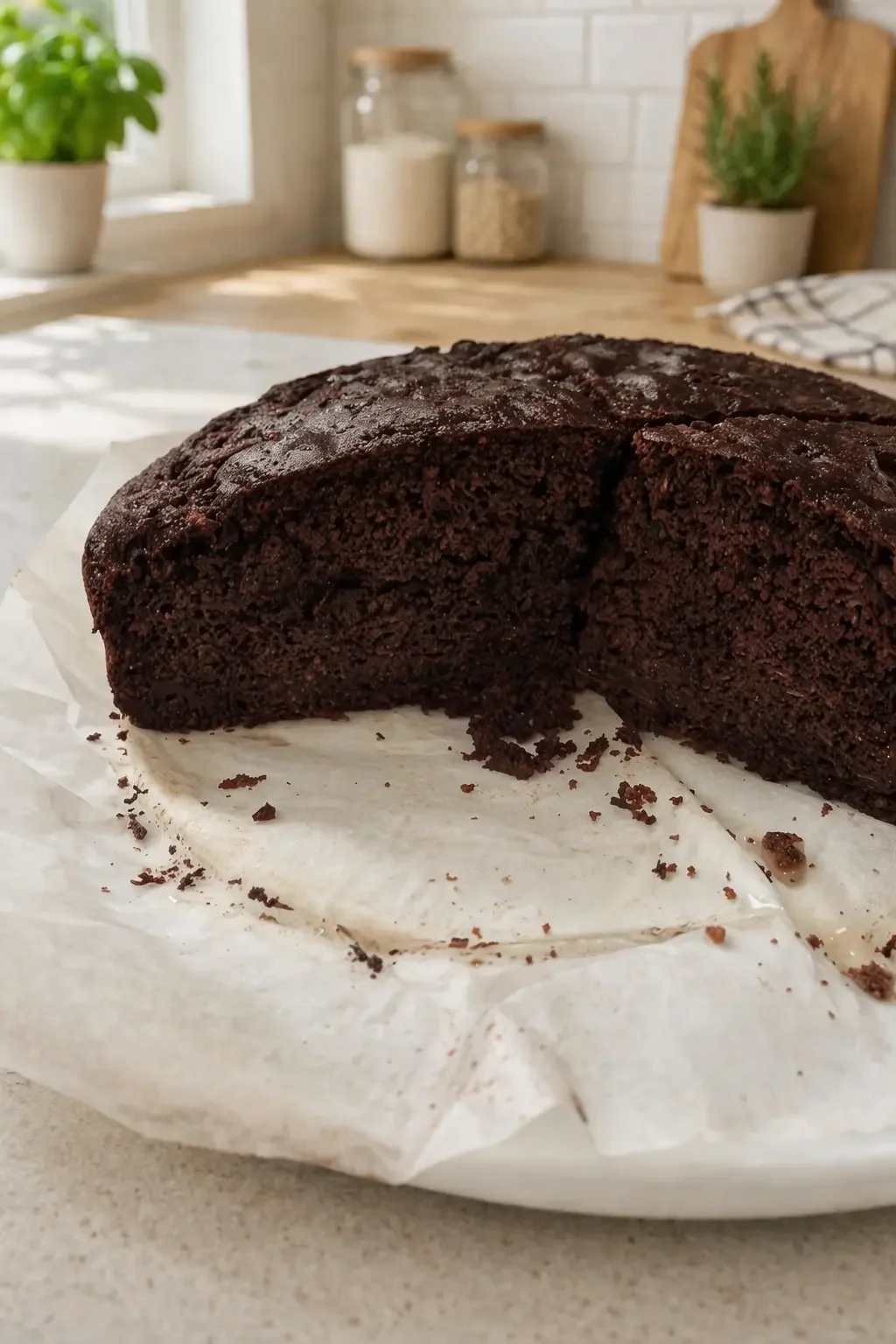 Inside of healthy zucchini chocolate cake on baking paper, showing the fudgy centre and chocolate chip texture