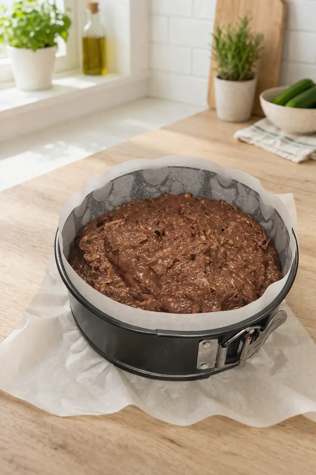 Raw zucchini chocolate cake batter in a lined baking tin, ready to go into the oven before baking
