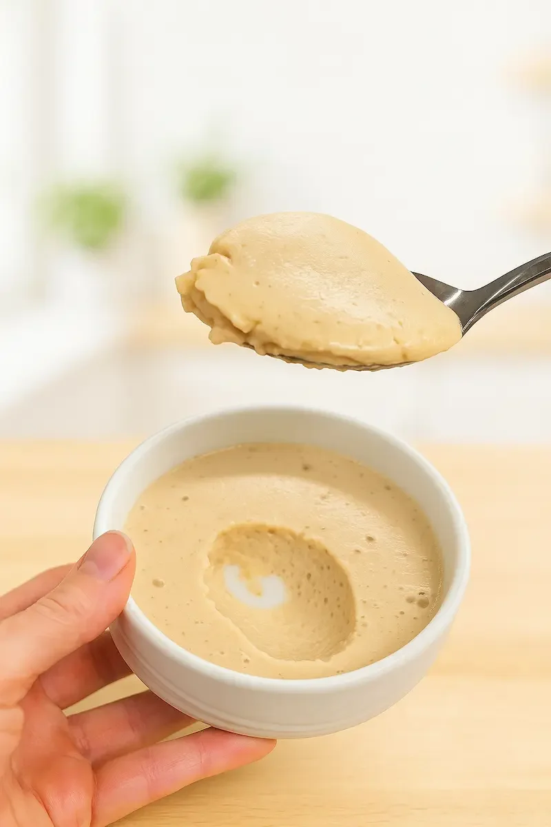 Spoonful of tofu apple panna cotta held up to the camera, highlighting its silky texture and refined sugar-free creamy finish.
