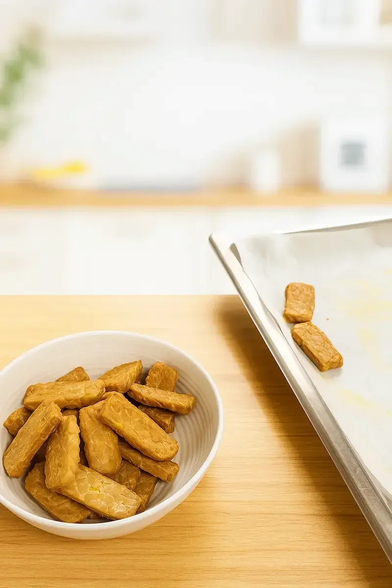 A bowl of golden tempeh chips beside a tray of freshly baked chips, showing their crisp texture and warm turmeric colour in natural light.