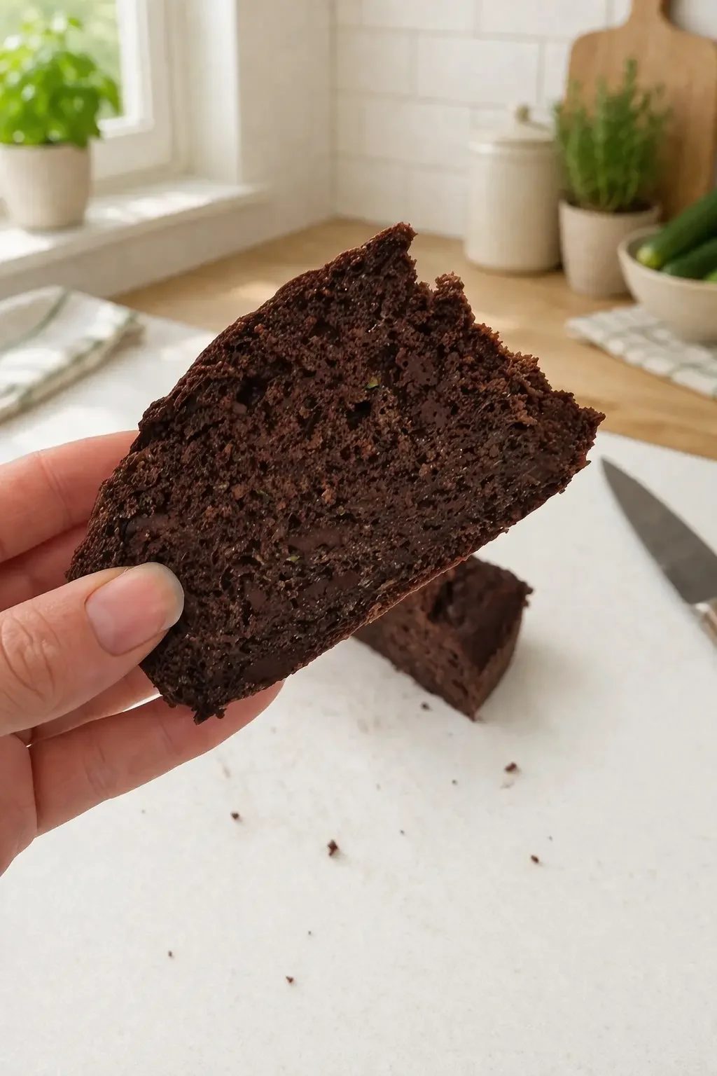 Slice of healthy zucchini chocolate cake held up to the camera, showing the moist texture and hidden zucchini