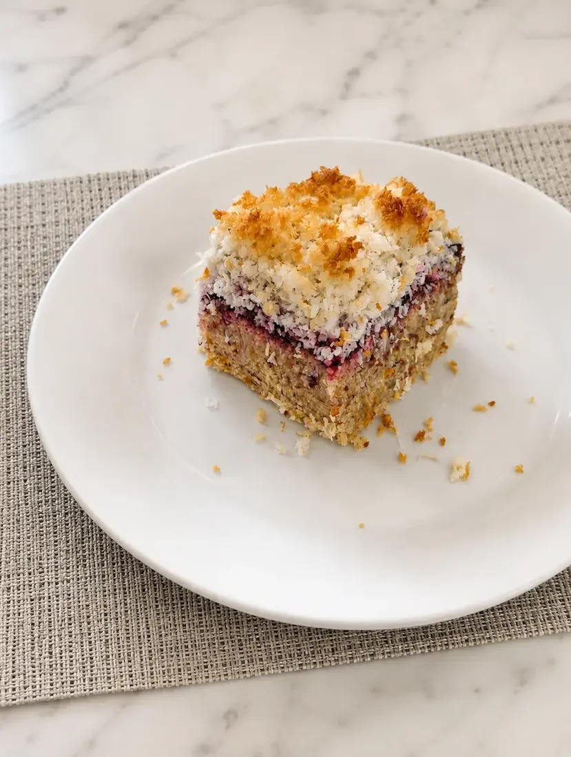 Raspberry coconut slice on a white plate, showing its almond flax base, raspberry chia centre and toasted coconut topping.