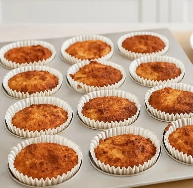 A tray of freshly baked pineapple and cottage cheese muffins in white cases, cooling on a wooden bench in a bright kitchen.