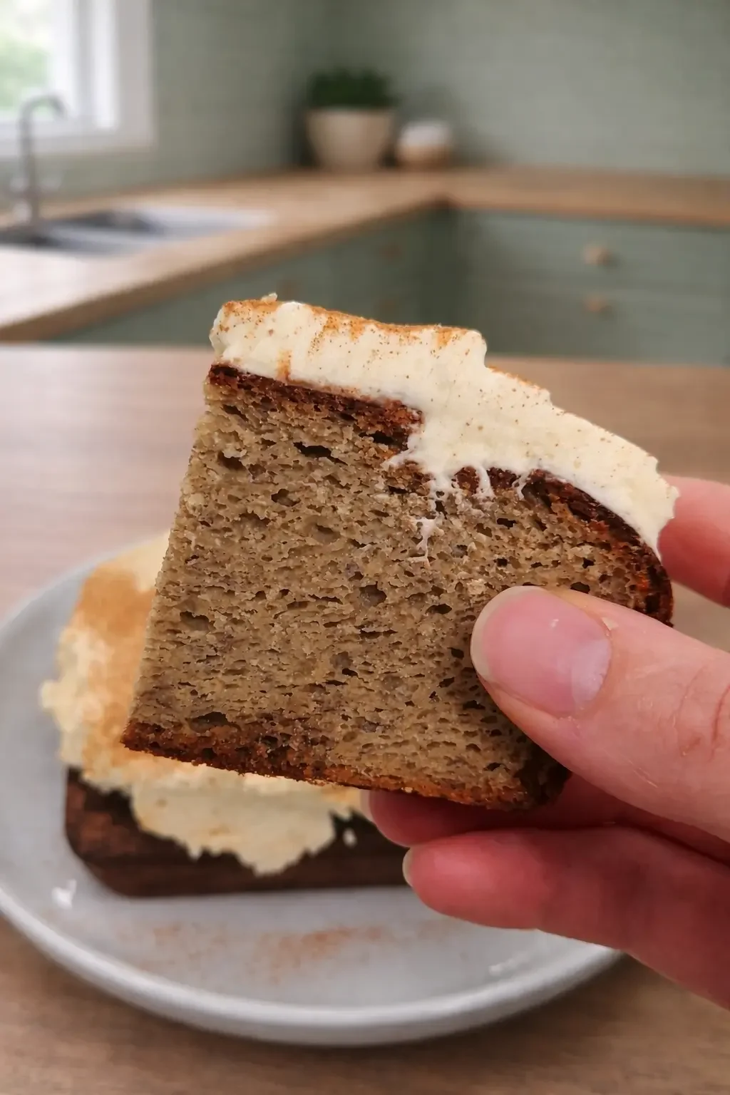 Close-up of a moist gluten-free banana cake slice made with buckwheat and chickpea flour for steady energy and hormone support.