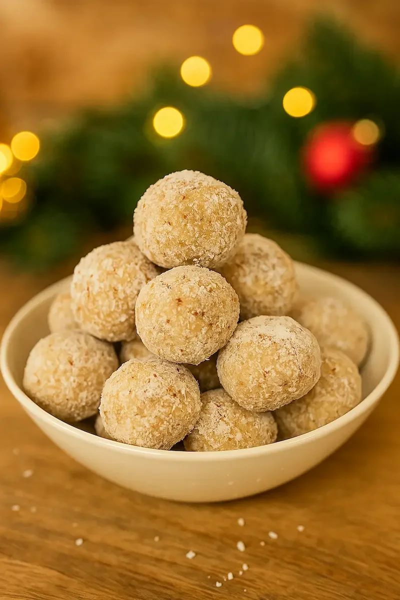 A bowl filled with no-refined-sugar Christmas coconut snowballs made with applesauce and almond meal, ready to serve