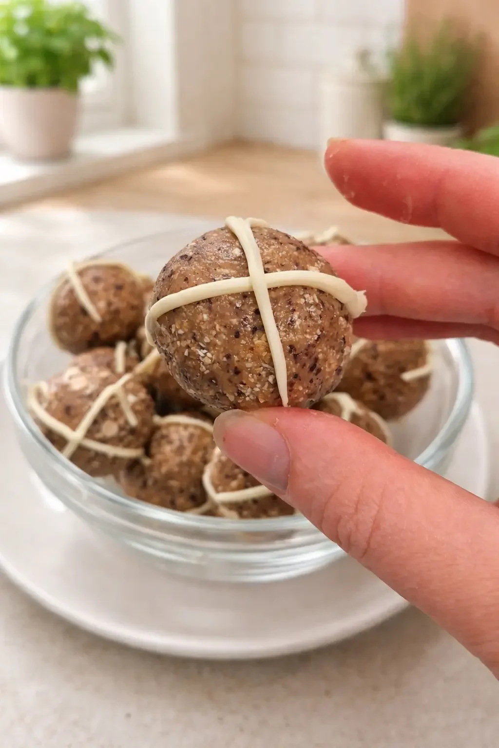 Hand holding a no bake hot cross bun protein ball made with raisins and skim milk powder