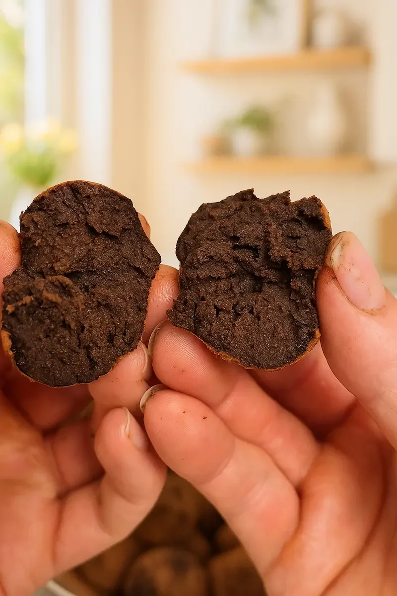 The inside of a high protein chocolate truffle torn open to reveal a soft, fudgy center rich in choline and protein for supporting women’s hormone balance.
