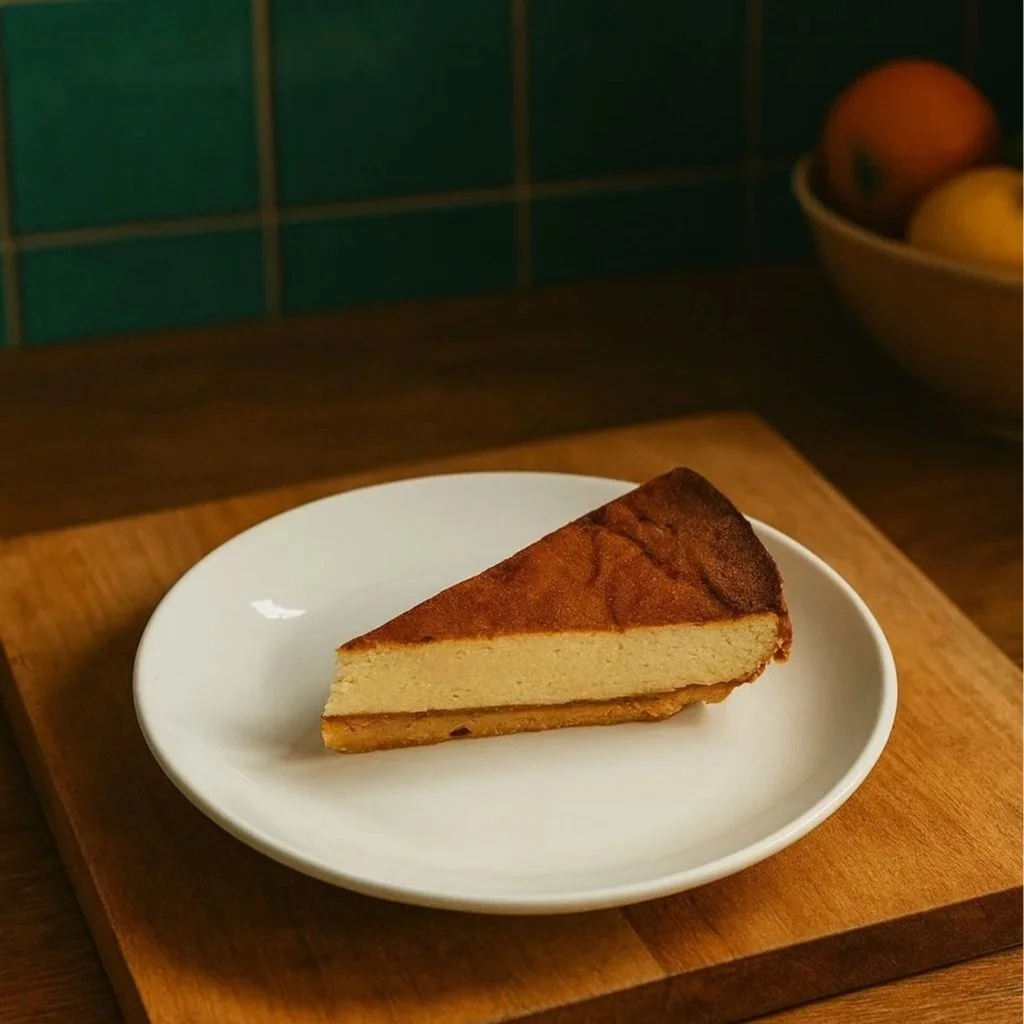 Slice of no added sugar Basque cheesecake, creamy centre and bronzed top, served with summer fruit - digestive friendly.