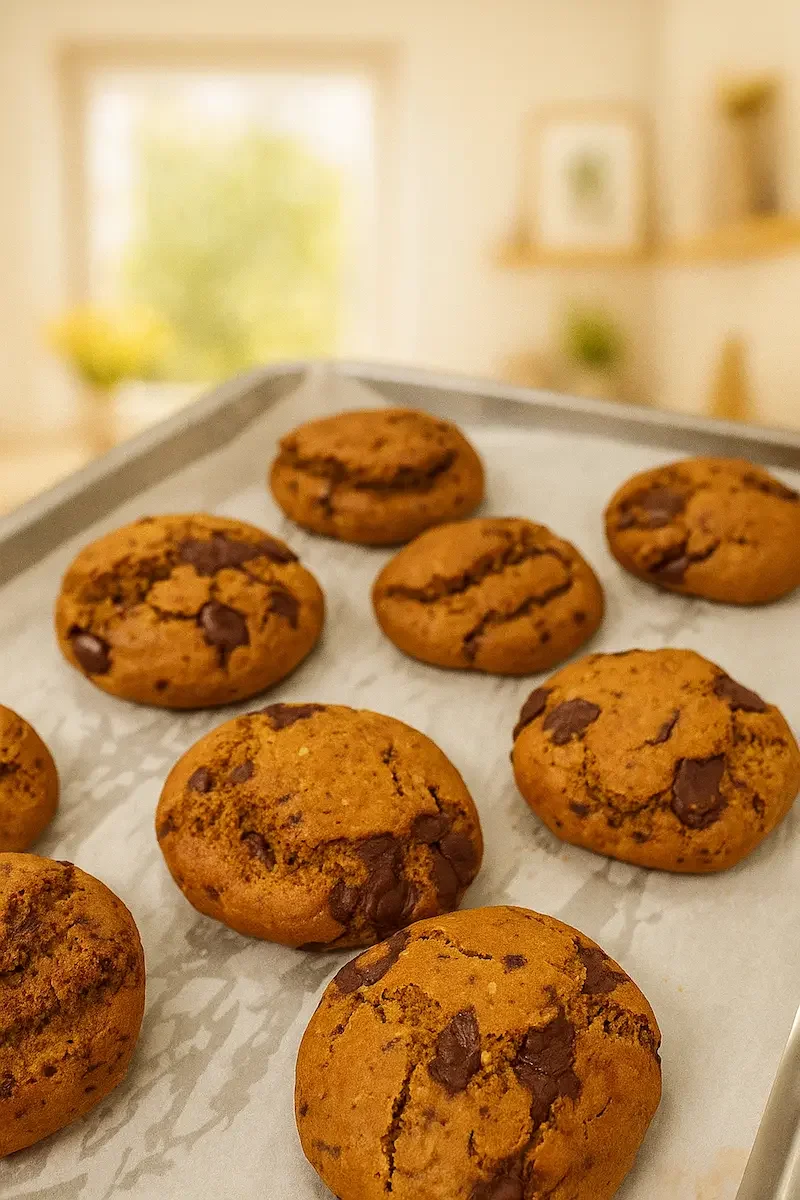 A tray of freshly baked gluten-free hemp seed chocolate chip cookies coming out of the oven, crisp on the edges and soft inside.