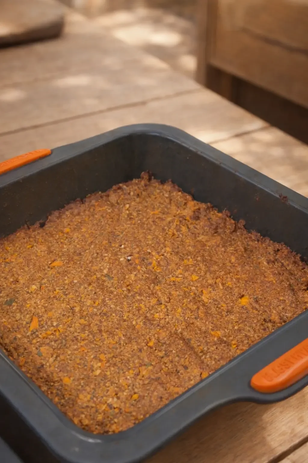 Freshly baked carrot cake bar base before topping, made with oats, carrot, dates and flaxseeds