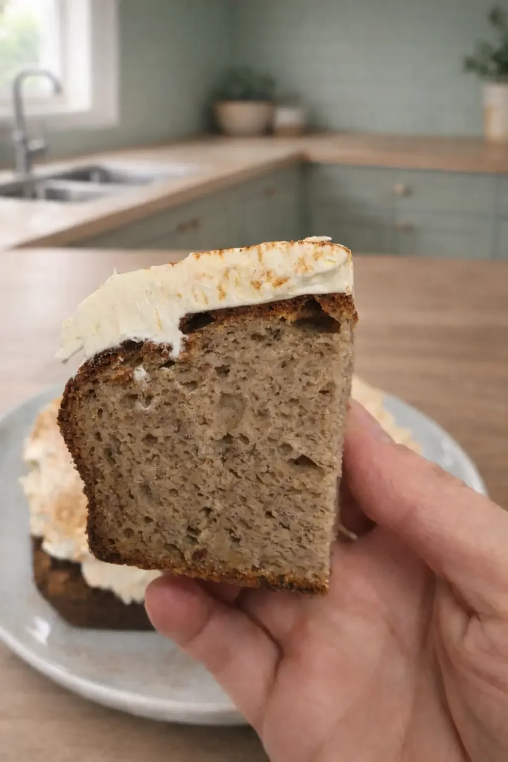 Detailed view of the crumb of a no added sugar banana cake, highlighting its soft texture and gluten-free buckwheat base.