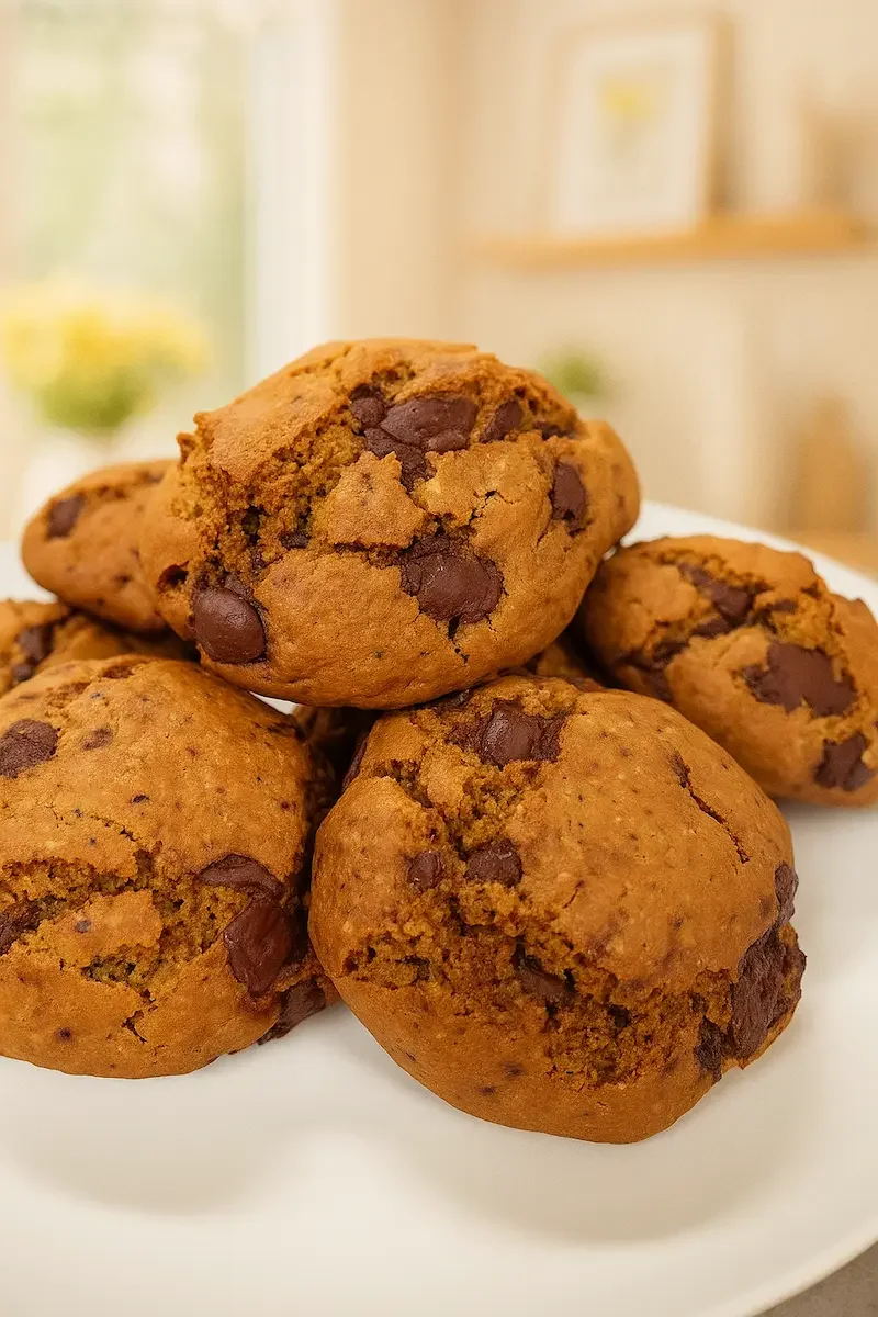 A plate stacked with golden-brown gluten-free hemp seed chocolate chip cookies, ready to serve as a healthy snack option.