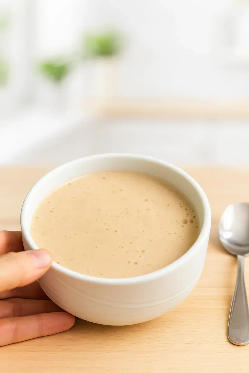 Silky tofu apple panna cotta in a white bowl, a creamy high protein dessert that is refined sugar-free and hormone-friendly.