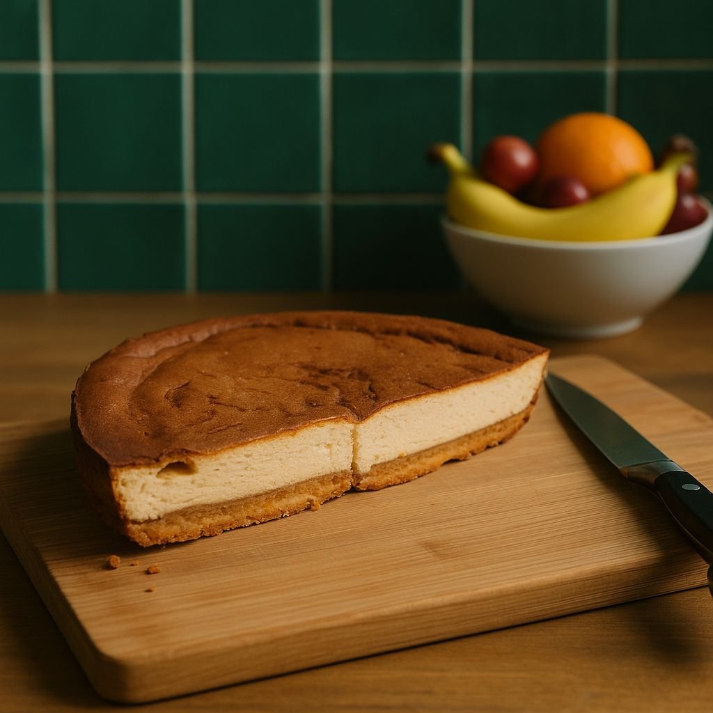 Basque cheesecake with no added sugar, cut in half to show creamy centre on a nut and seed base - digestive friendly.