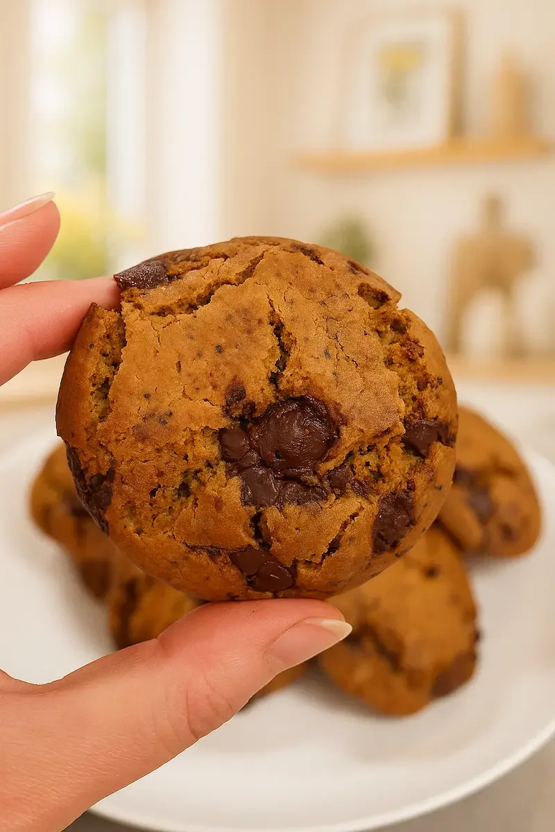 A hand holding a gluten-free hemp seed chocolate chip cookie close to the camera, showing its golden chewy texture.