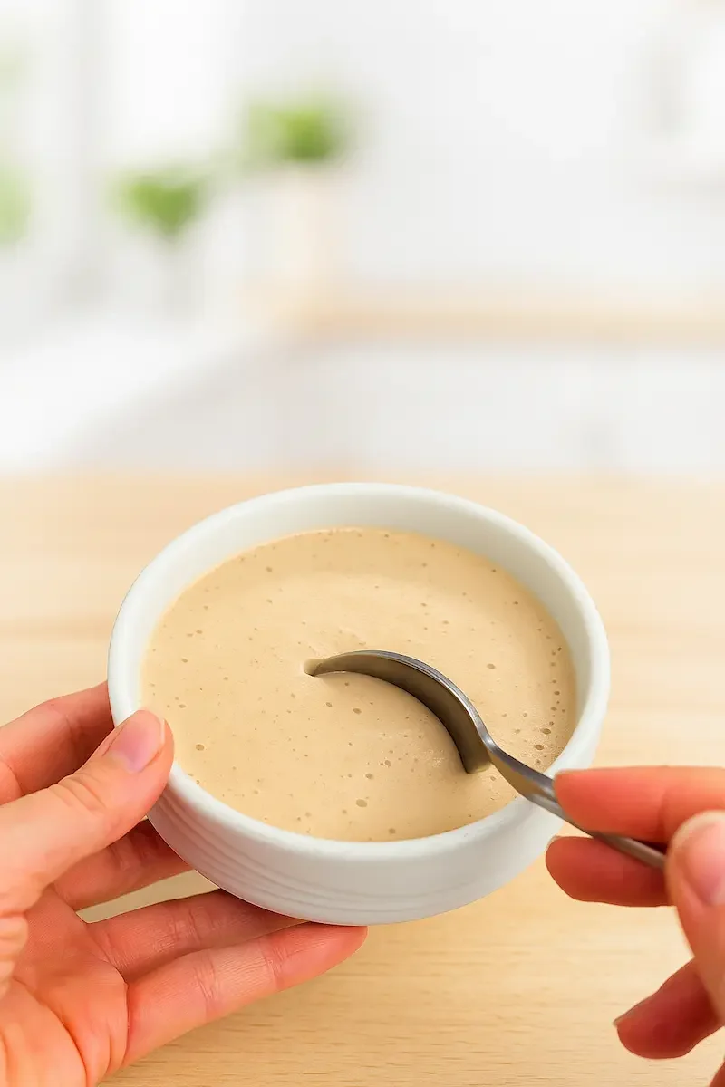 Spoon dipping into smooth tofu apple panna cotta, showing its soft set texture and creamy high protein consistency.