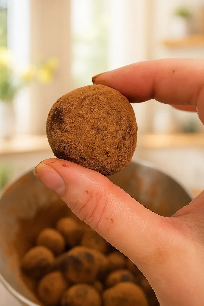 A hand holding a high protein chocolate truffle made with egg yolks, cocoa and nut butter, showing its rich texture and whole food ingredients for hormone health.