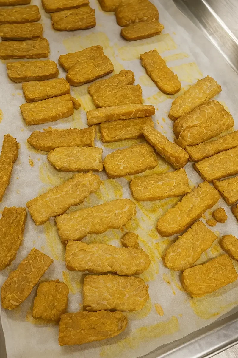 A tray of freshly baked tempeh chips cooling after baking, golden brown and crisp with visible turmeric and curry seasoning.