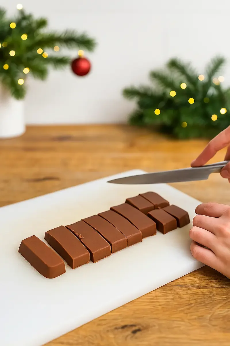 Squares of creamy peanut butter fudge being sliced on baking paper, showing smooth chocolate texture and healthy homemade Christmas treat.
