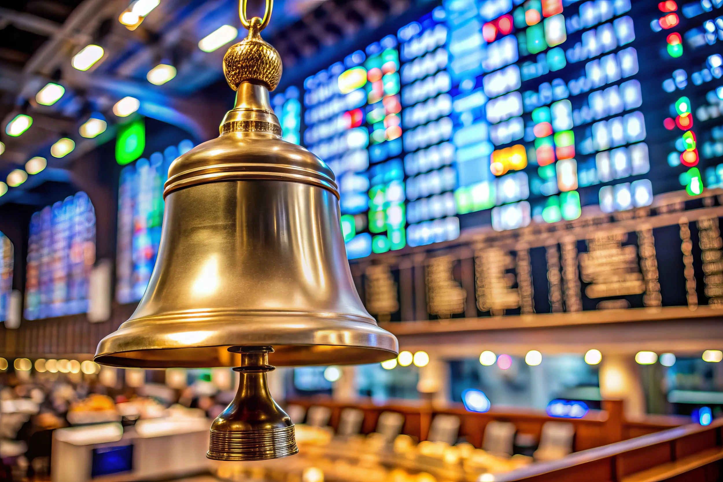 A large brass bell with a stock exchange board in the background showing colorful numbers and charts.