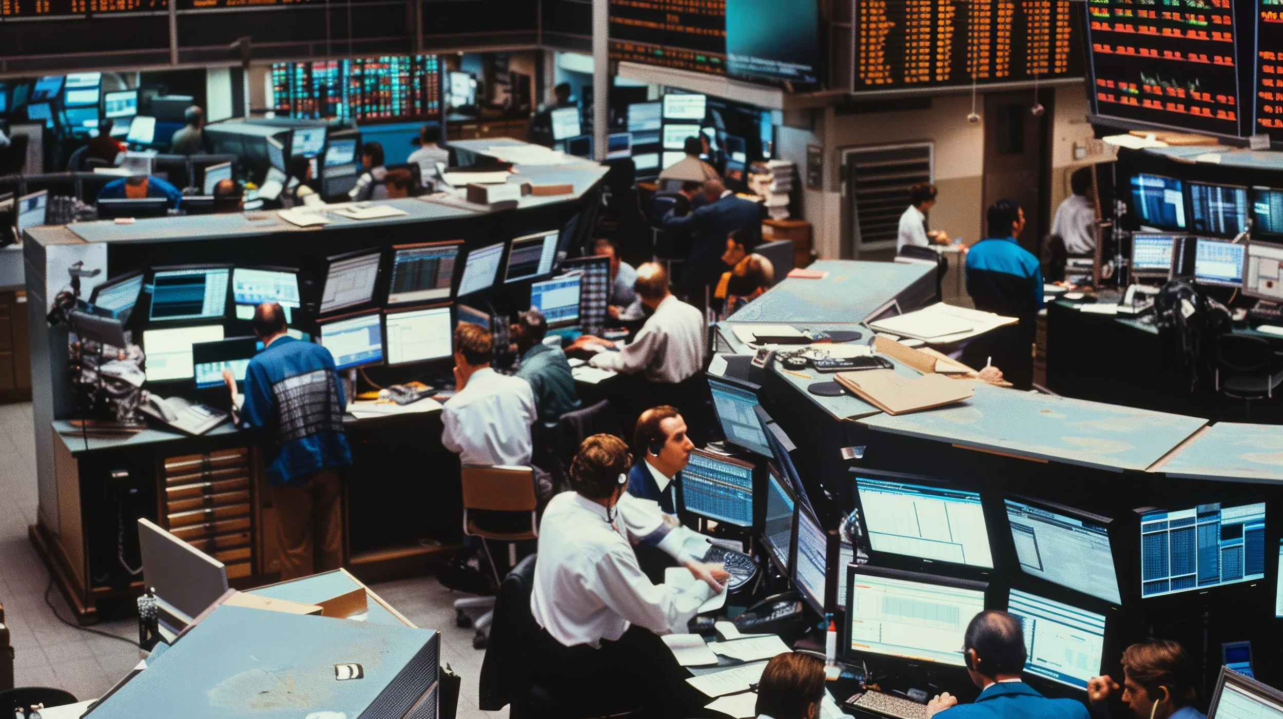 Busy stock exchange trading floor with multiple traders at monitors