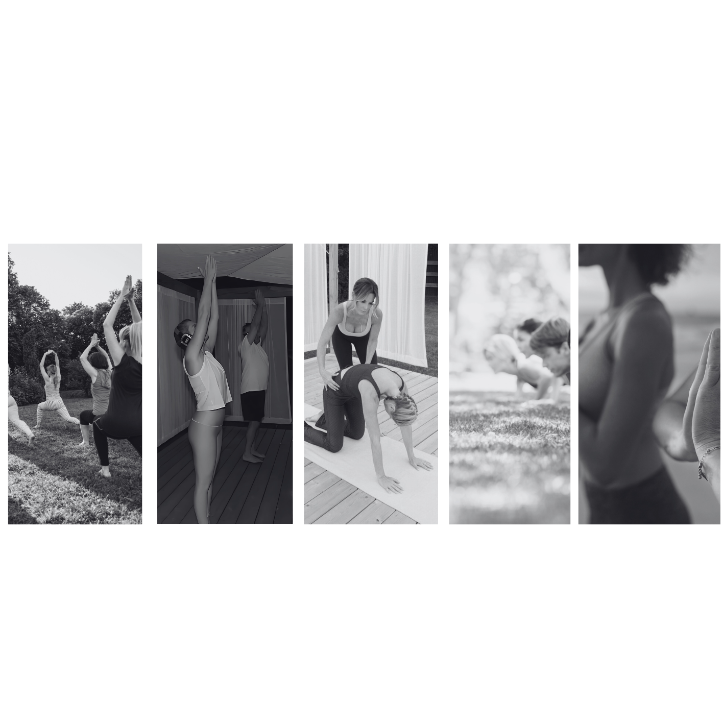 A collage of five black-and-white photos featuring women doing yoga and practicing meditation outdoors and indoors.