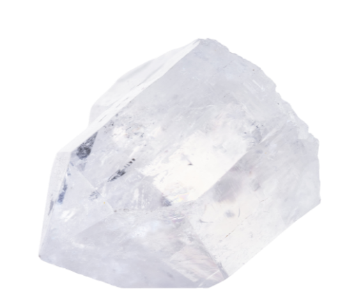 A white, rough-cut diamond with a faceted surface.