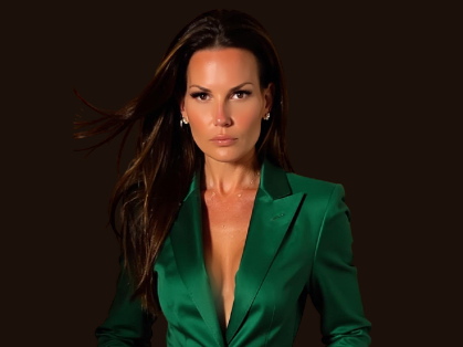 A woman with long dark hair wearing a green blazer against a dark background.