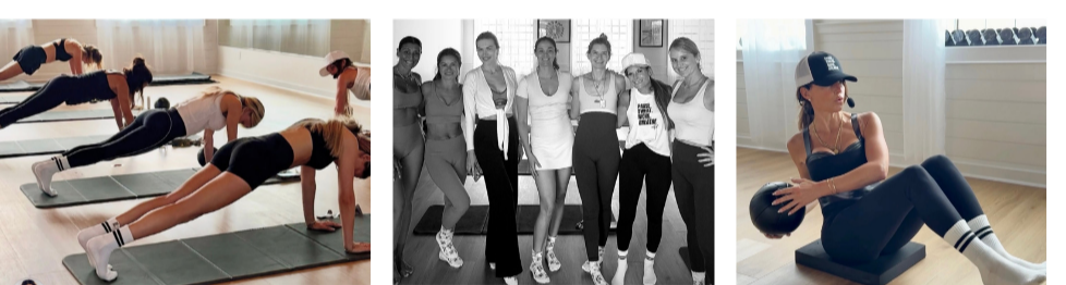 First image shows a group of women doing a plank exercise in a fitness class. Second image features a group of women standing together, smiling, in casual workout attire. Third image depicts a woman sitting on a cushion, holding a medicine ball, wearing athletic gear and a cap, in a bright room.