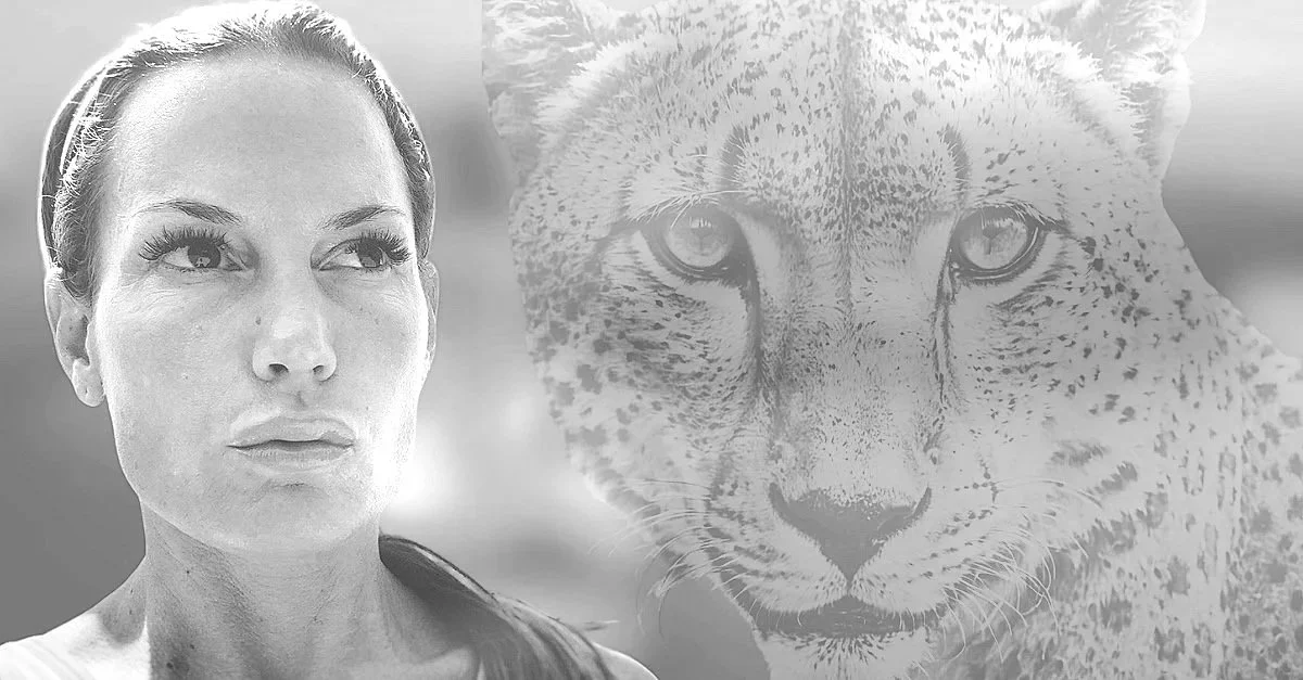 Black and white image of a woman looking to the side with a serious expression, and a leopard's face superimposed beside her, creating a double exposure effect.