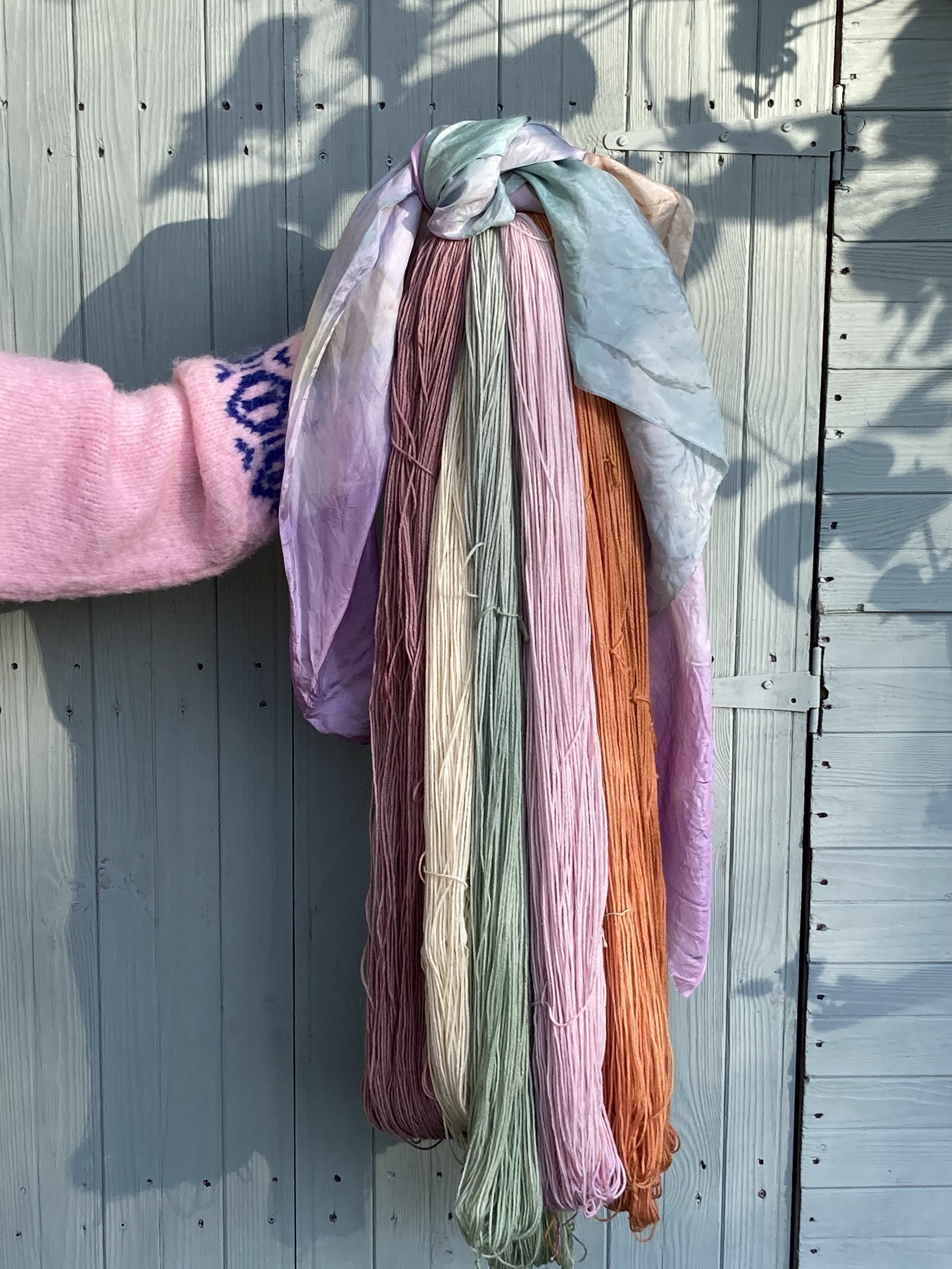 blue faced Leicester wool dyed with red cabbage, onion skins, aronia berries 