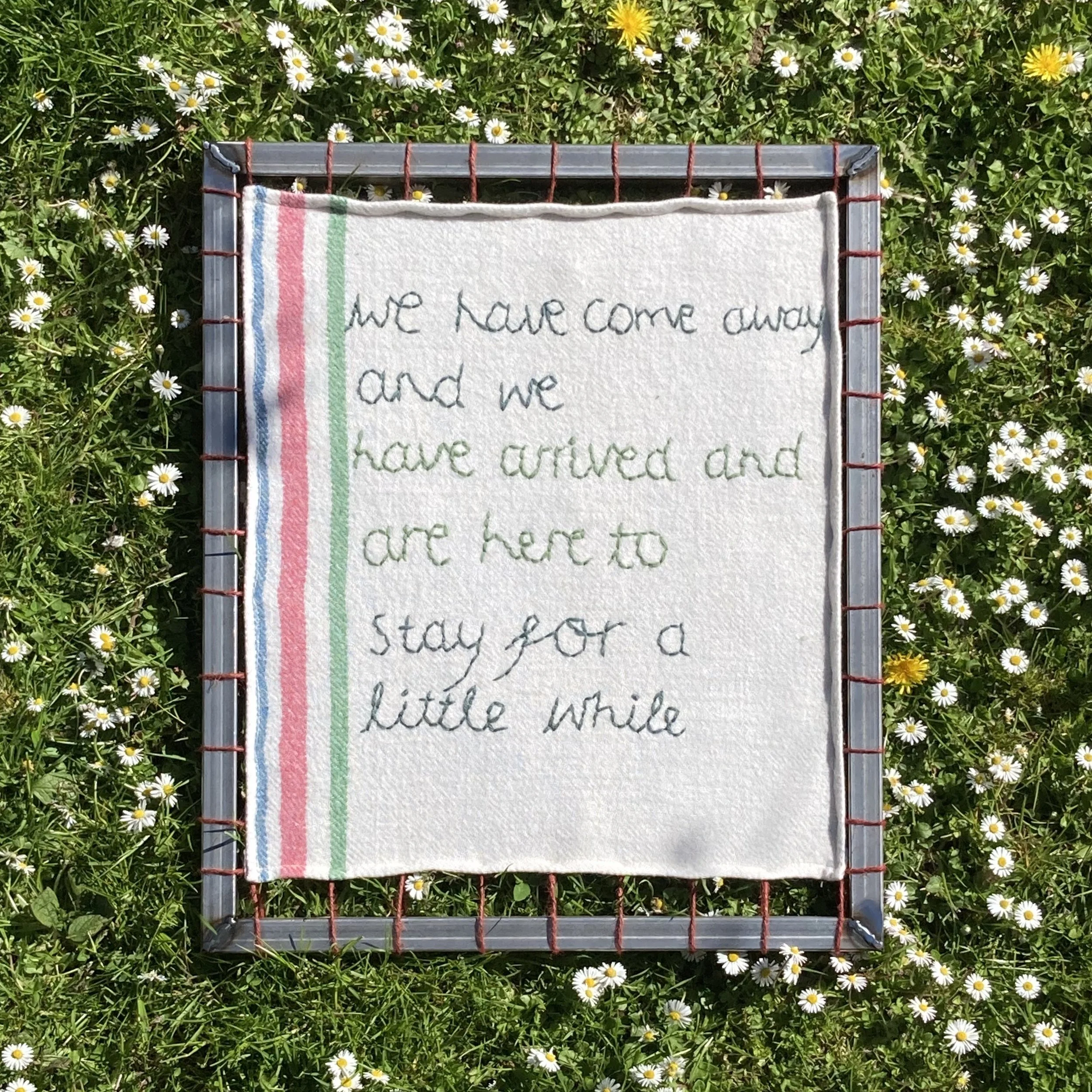 wool blanket embroidered with words from my grandmother's memoirs, in metal welded frame 