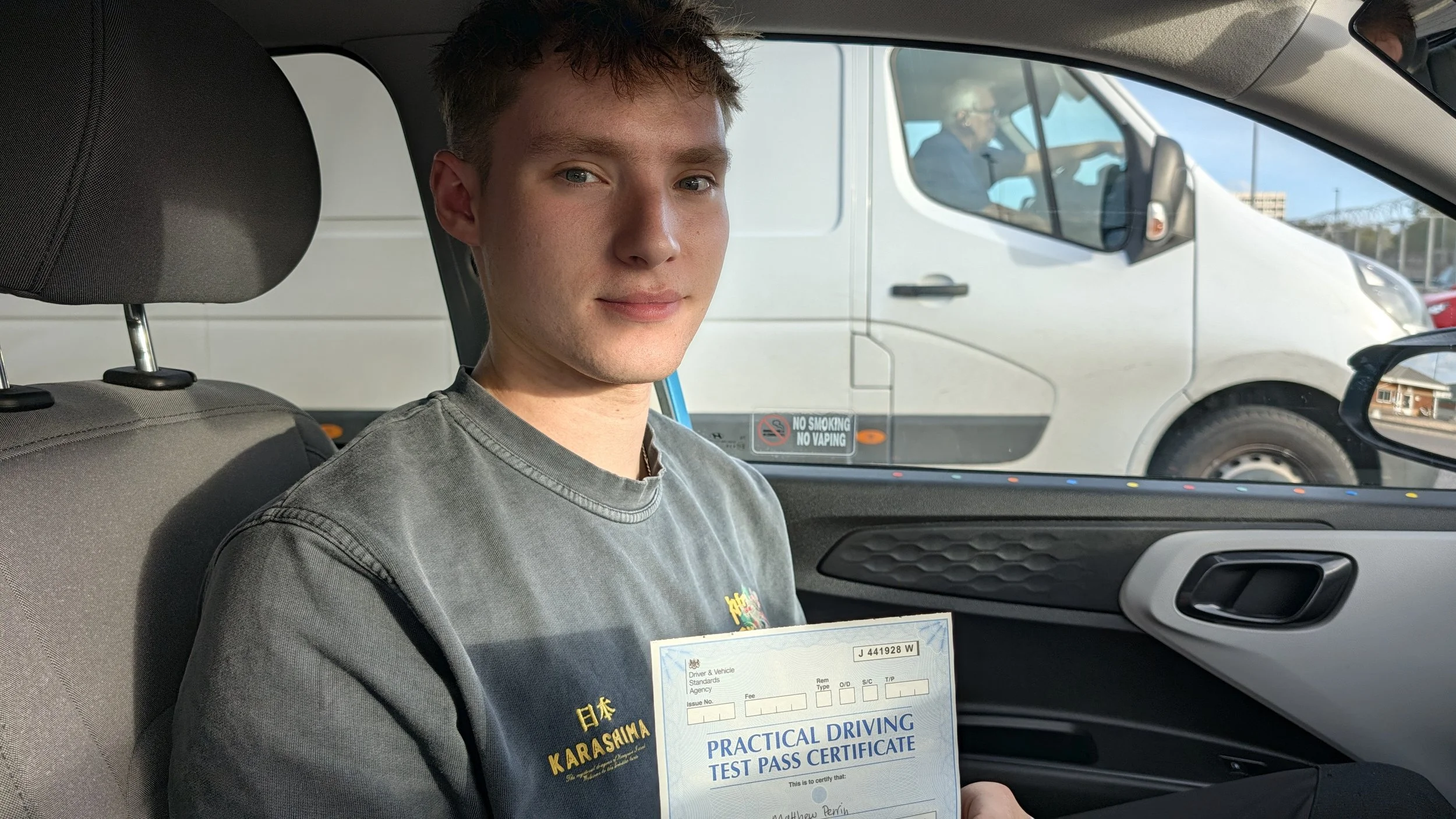 Finley passing his driving test