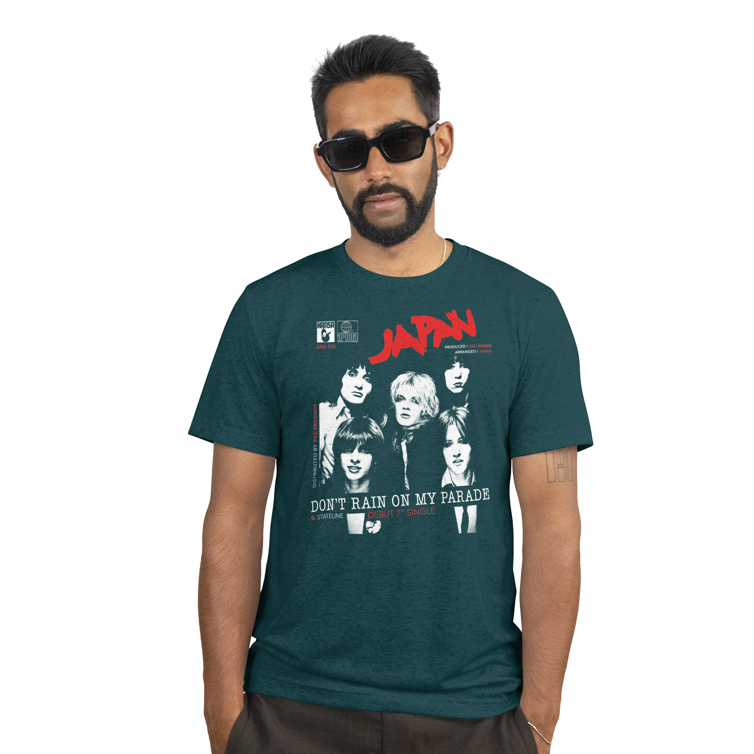Male model wearing Japan “Don’t Rain On My Parade” T-shirt in Atlantic dark blue, Bella+Canvas 3001 unisex tee, front view.