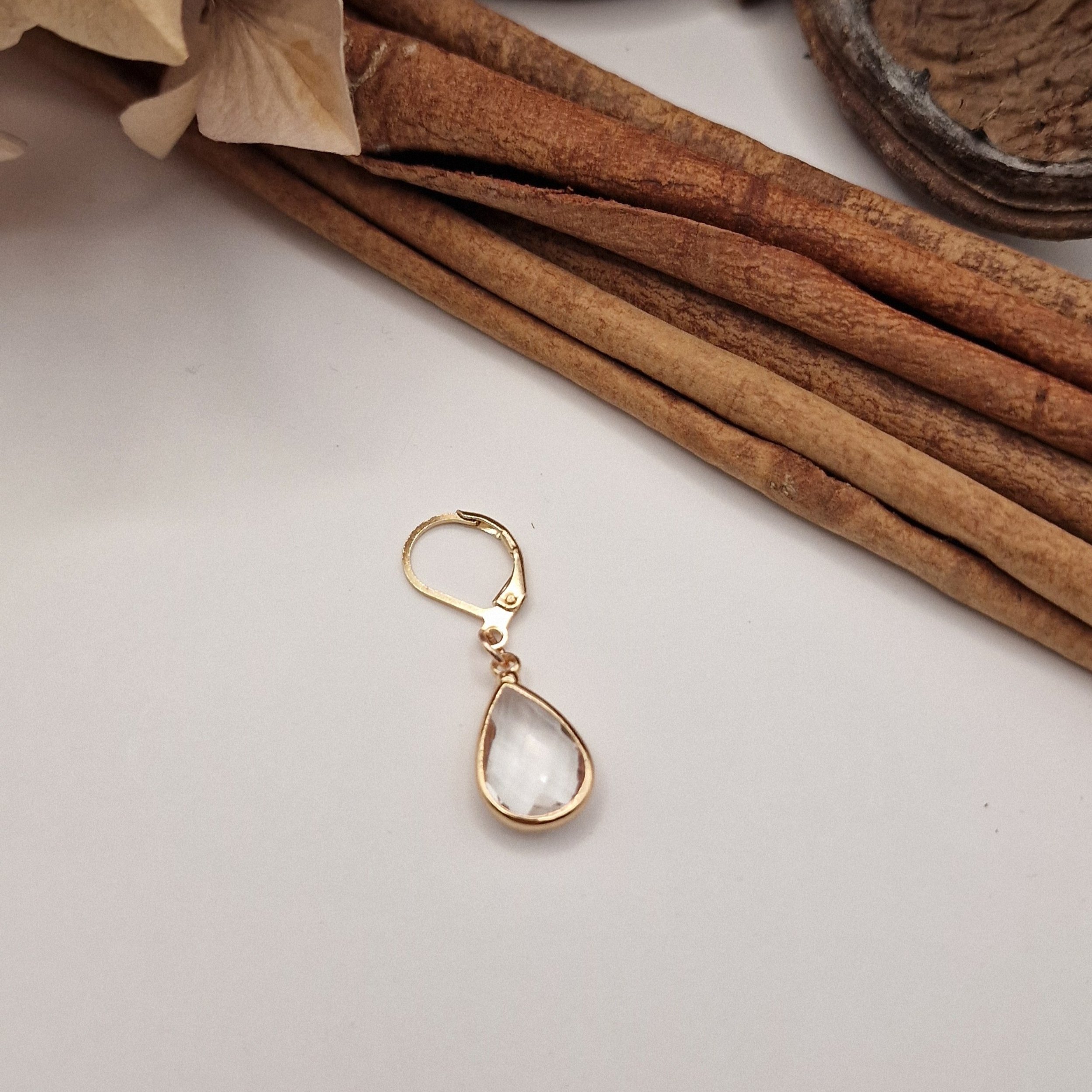 Eleganter Maschenmarkierer mit goldfarbenem Ring und geschliffenem, farblosem Glasanhänger in edler Goldfassung. Handgefertigt, filigran und ein Symbol für Klarheit und Präzision beim Stricken.