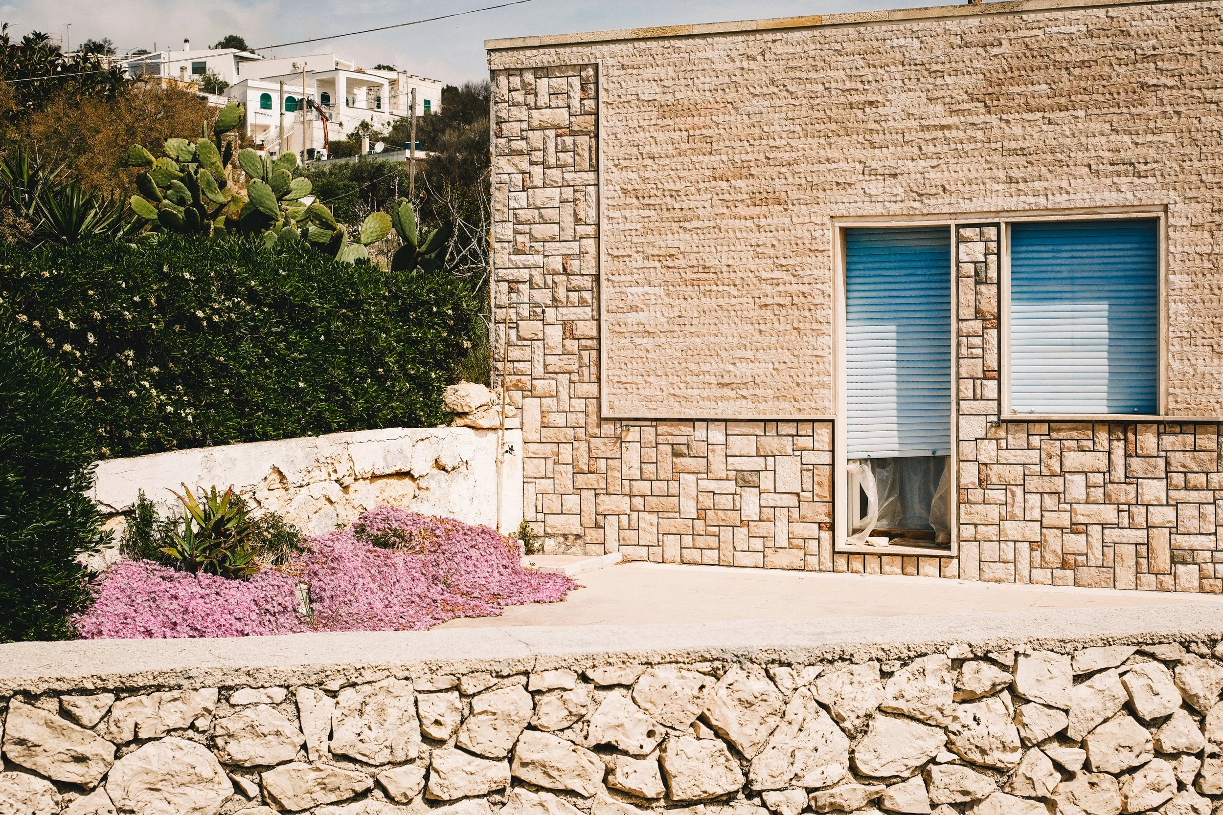 A tan brick house with a large window and closed blue shutters. There is a garden with pink flowering bushes and green plants in front of the house, and a stone wall at the sidewalk edge. In the background, there are white residential buildings on a hillside, with trees and utility poles.