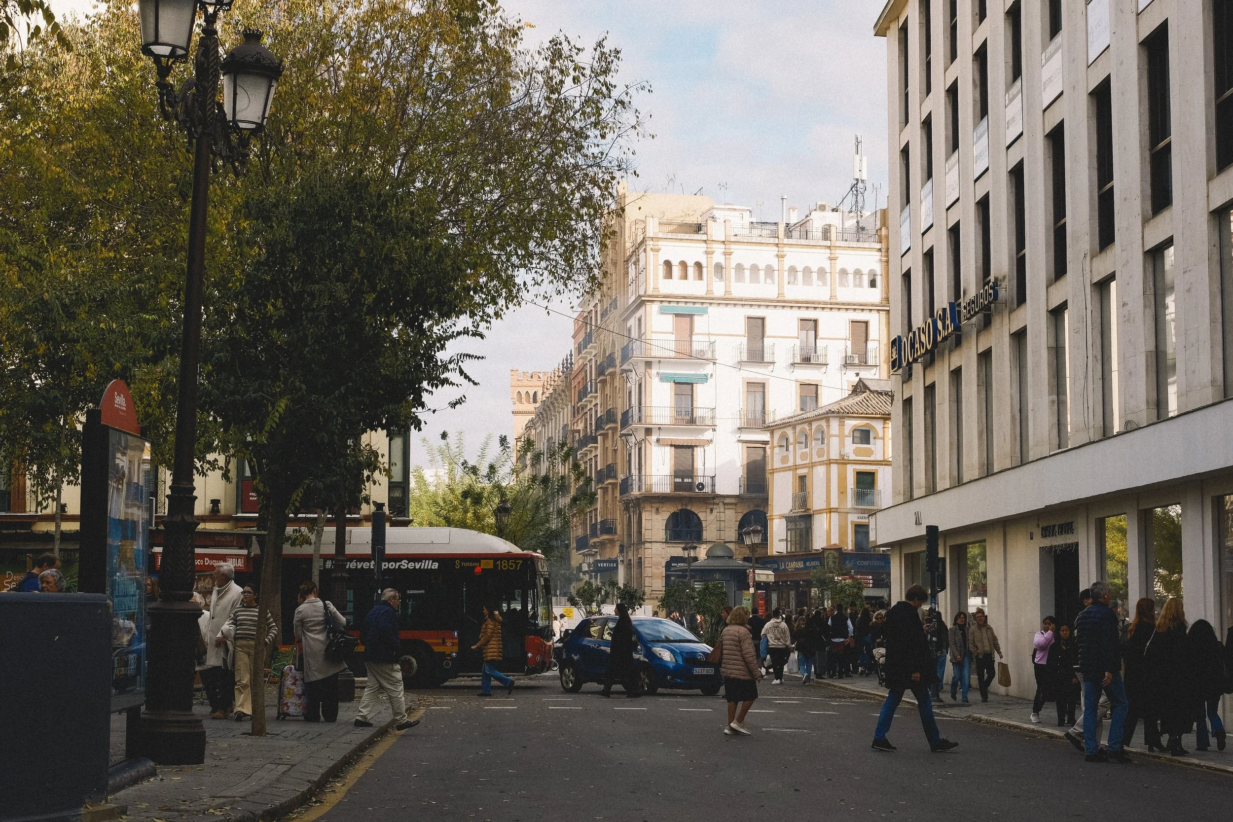 City street scene with pedestrians crossing, a bus, and buildings in the background, including trees and streetlights.