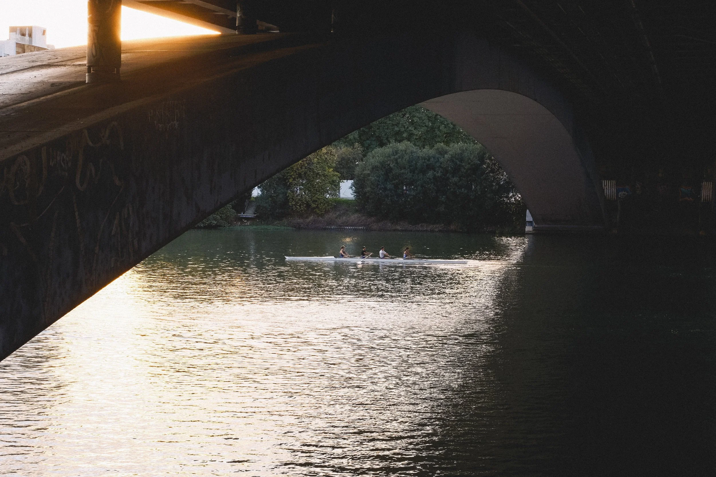 A boat with four people rowing on a river beneath a bridge during sunset with trees along the riverbank.