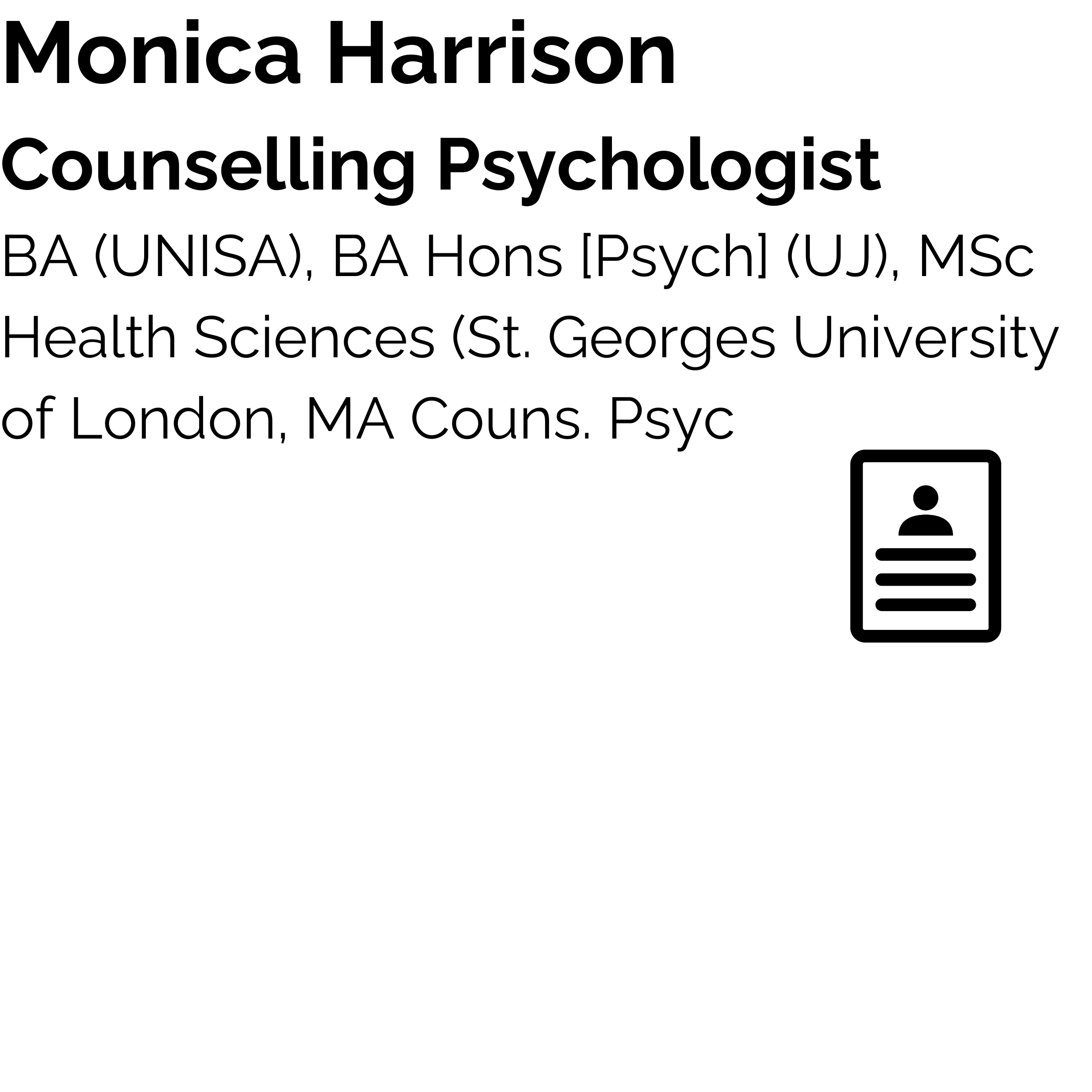 Monica Harrison Counselling Psychologist Qualifications HPCSA Credentials