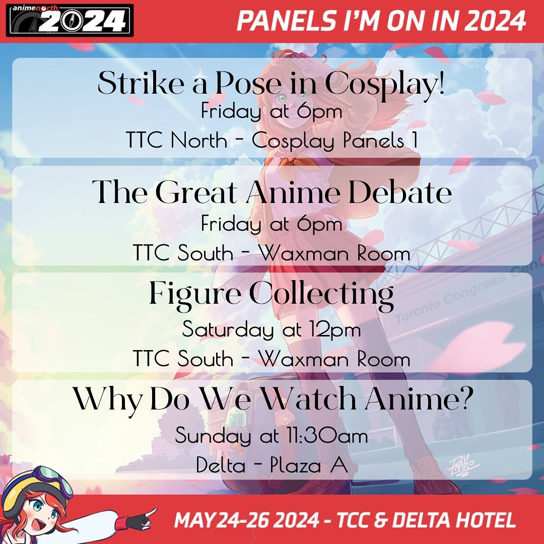 It&rsquo;s #animenorth2024 week!

I&rsquo;m still over here trying to recover my voice and get it stronger through this week but also beyond excited to be headed to Anime North with my husband for my second time attending, my first time cosplaying, a