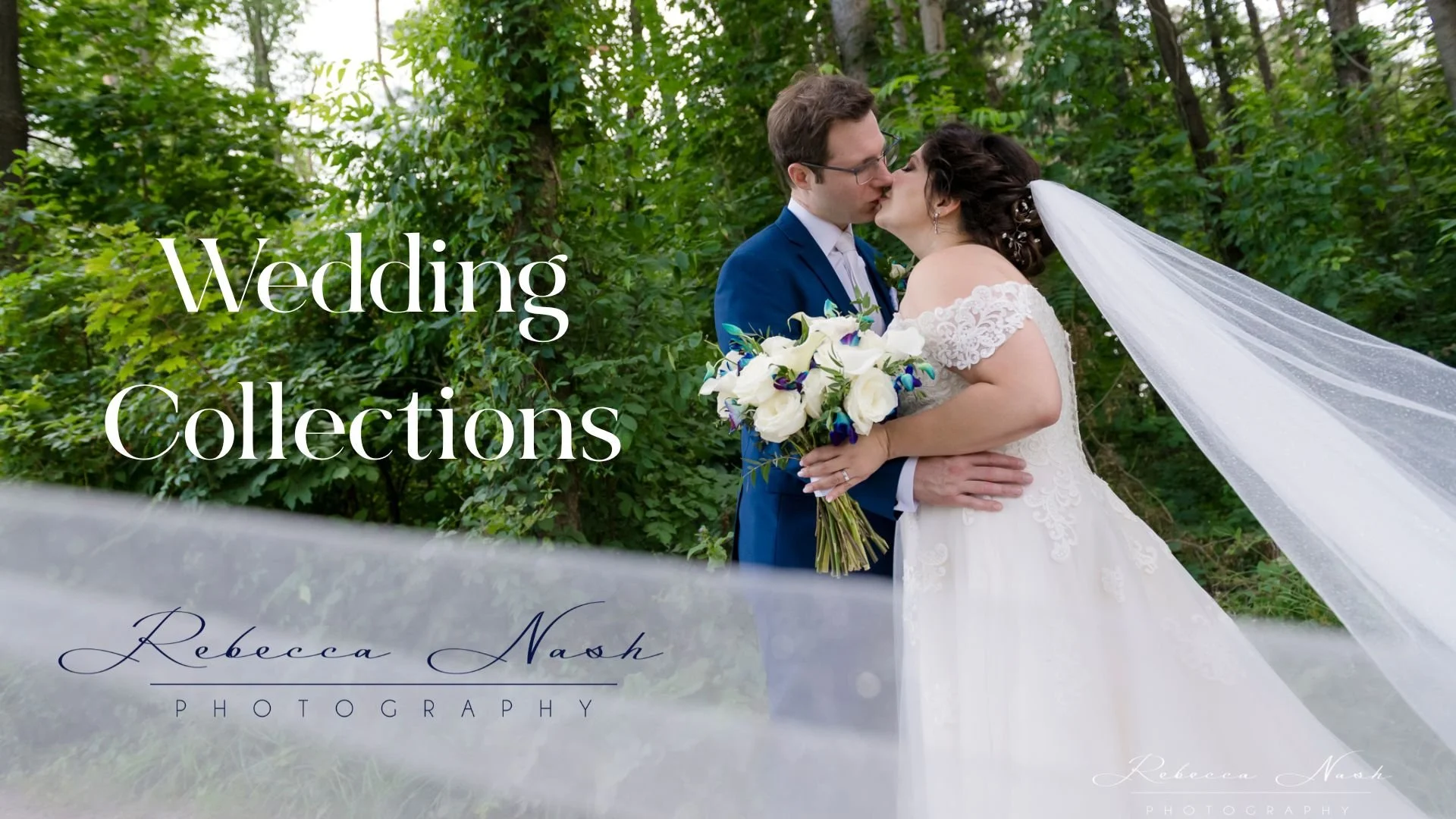 A bride and groom kissing outdoors surrounded by green trees, with the bride holding a bouquet of white and purple flowers, and the groom wearing a navy blue suit on the cover of the photographers pricing guide.