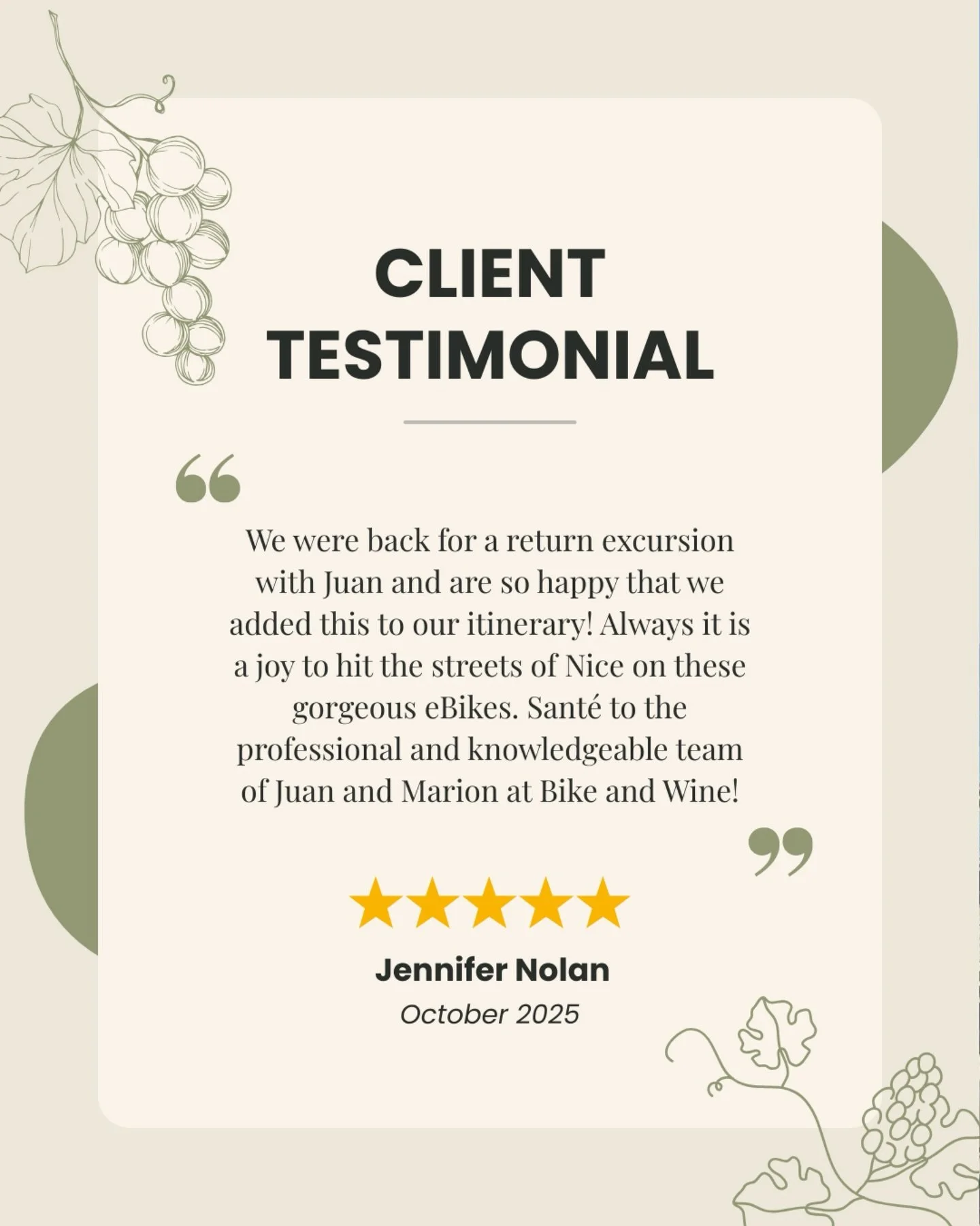 Kind words like these mean the world to us. Thank you, Jennifer, for sharing your experience.

If you are looking for a thoughtfully guided e-bike tour in Nice, with beautiful views and a wine tasting at a local vineyard, we would love to welcome you