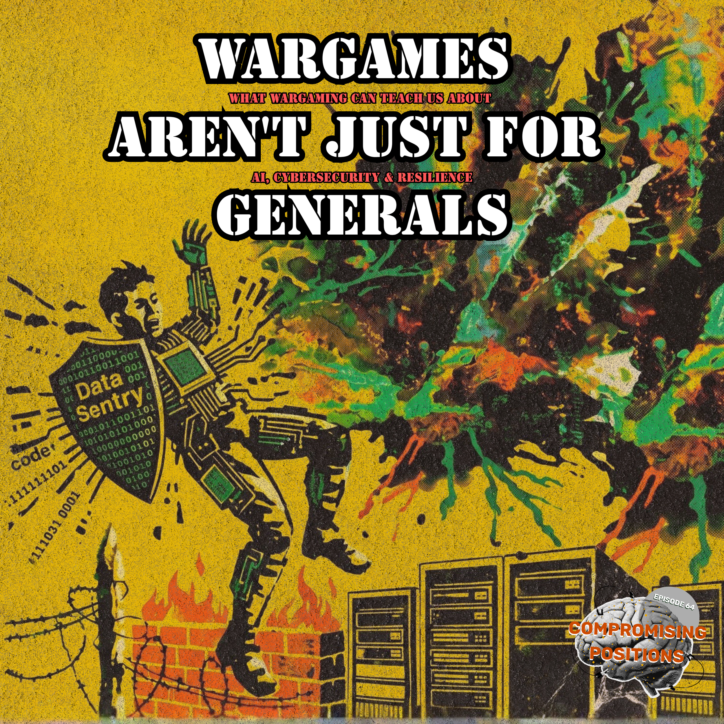 Cyber wargaming illustration showing digital defender protecting data infrastructure from simulated AI‑powered attacks for the award-winning best cybersecurity podcast Compromising Positions