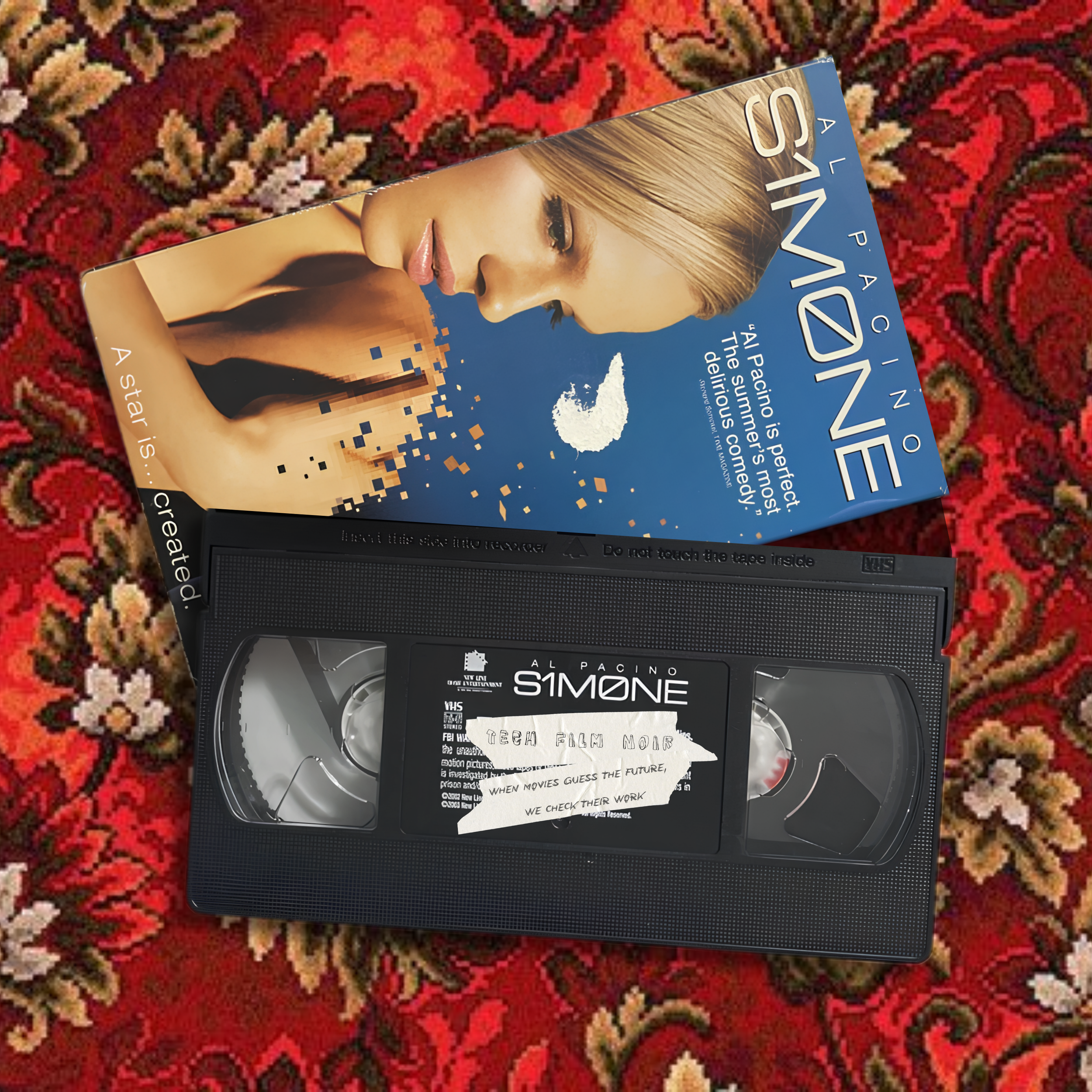 Al Pacino Simone 2002 movie review podcast thumbnail by Tech Film Noir featuring a split face design of Al Pacino and a blonde virtual actress with text reading Al Pacino is Simone.