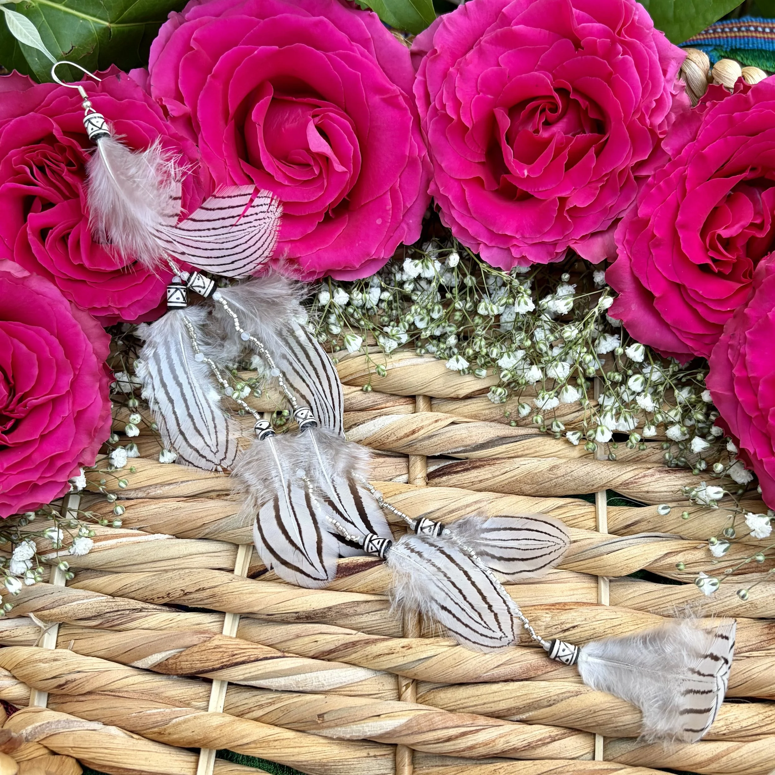 Silver Pheasant Feather Ceremonial Earring with Sterling Silver Beading - Handmade by an artisan. One of a kind.