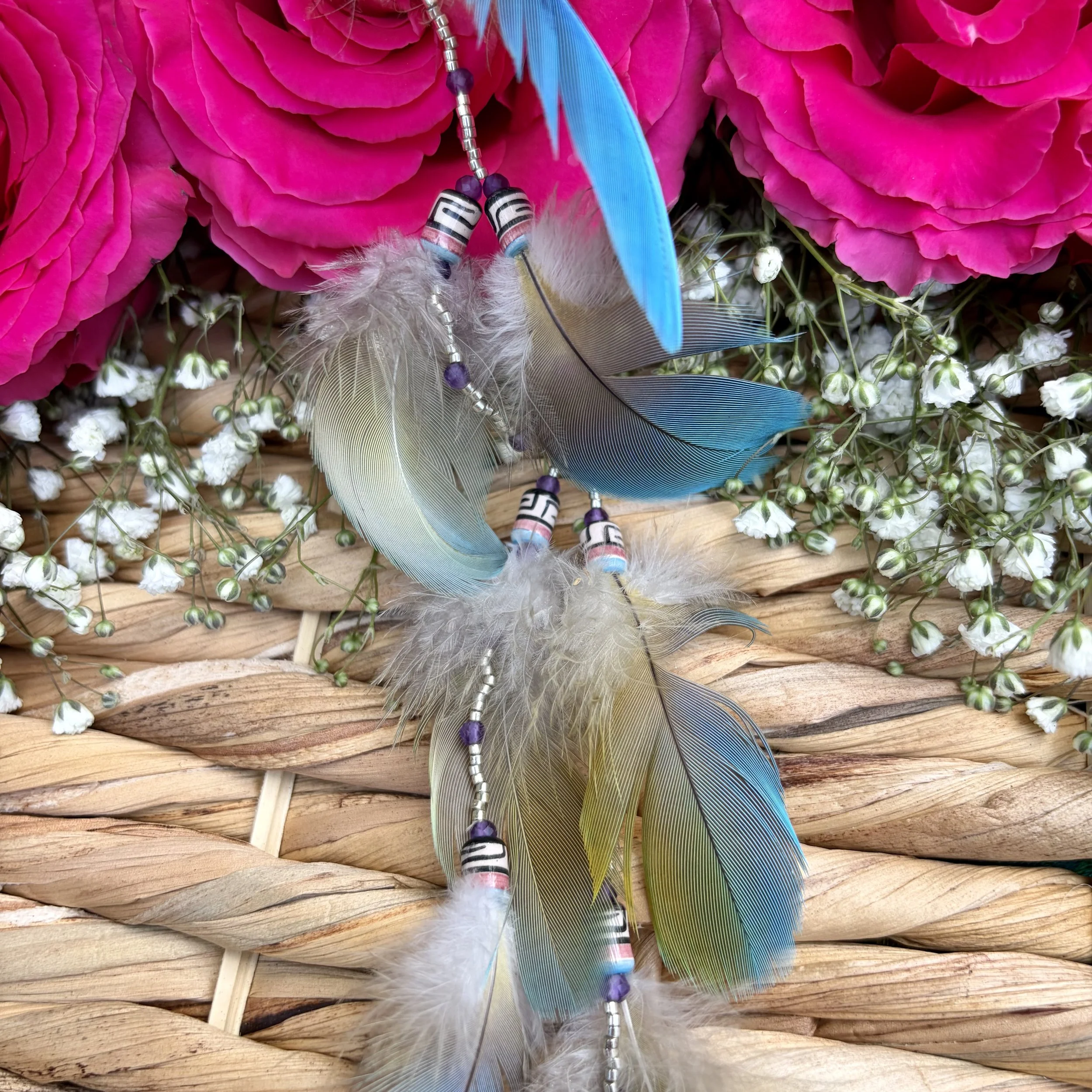 Macaw Feather Ceremonial Earring with Sterling Silver Beading - Close up photo - Handmade by an artisan. One of a kind.