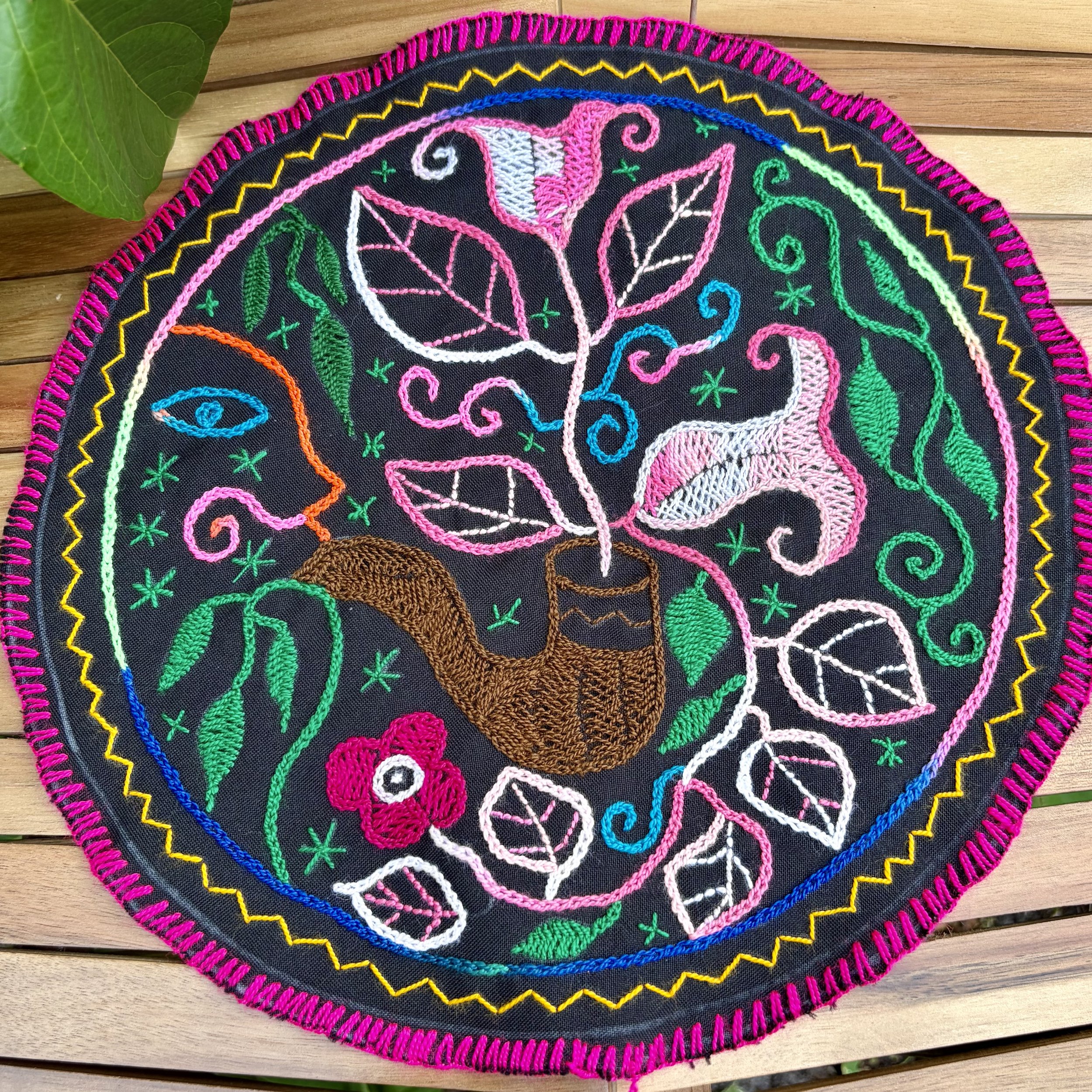 Shipibo Embroidery - Circular Tela - Curandero with Tobacco Pipa