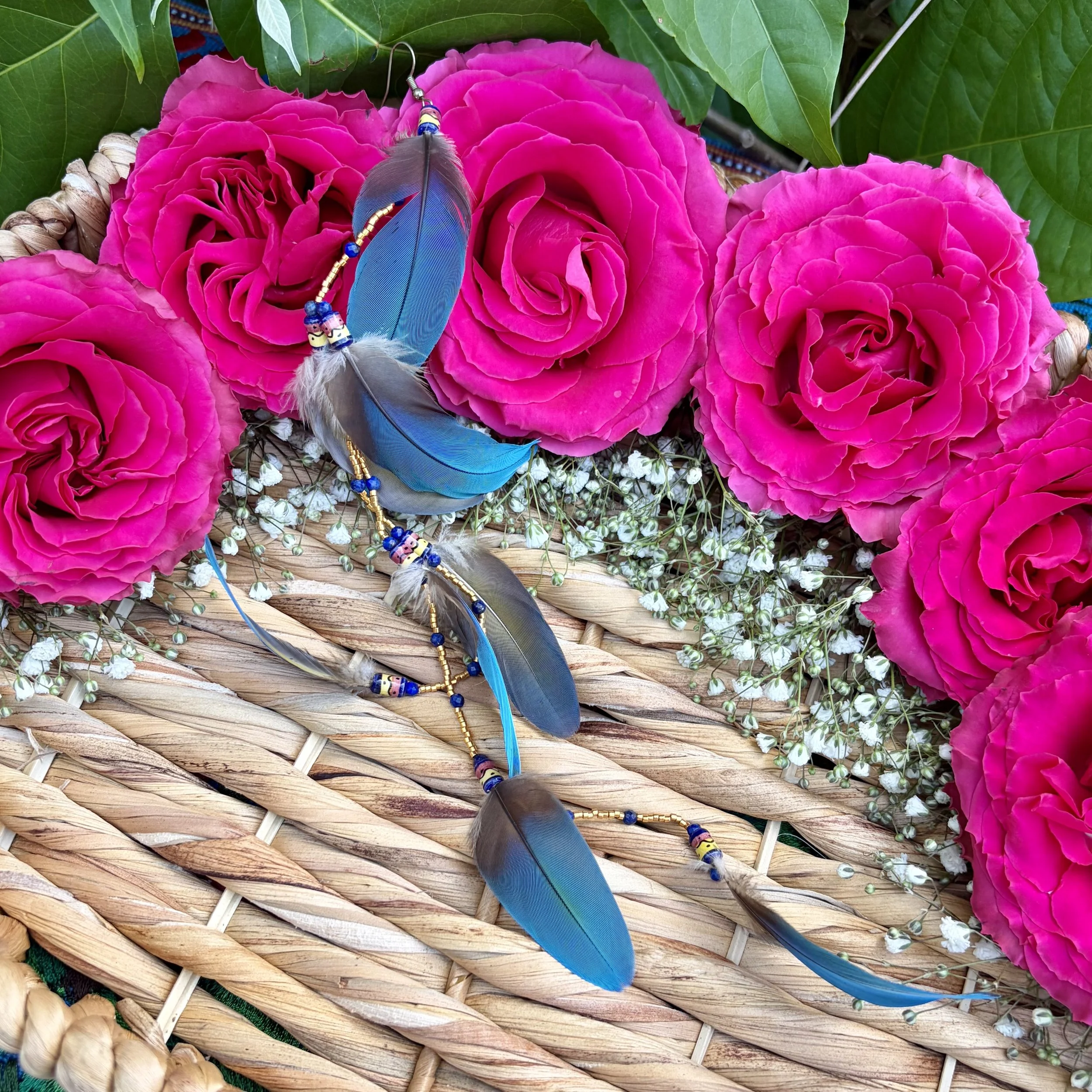 Macaw Feather Ceremonial Earring with 24 Karat Gold Plated Beading - Handmade by an artisan. One of a kind.
