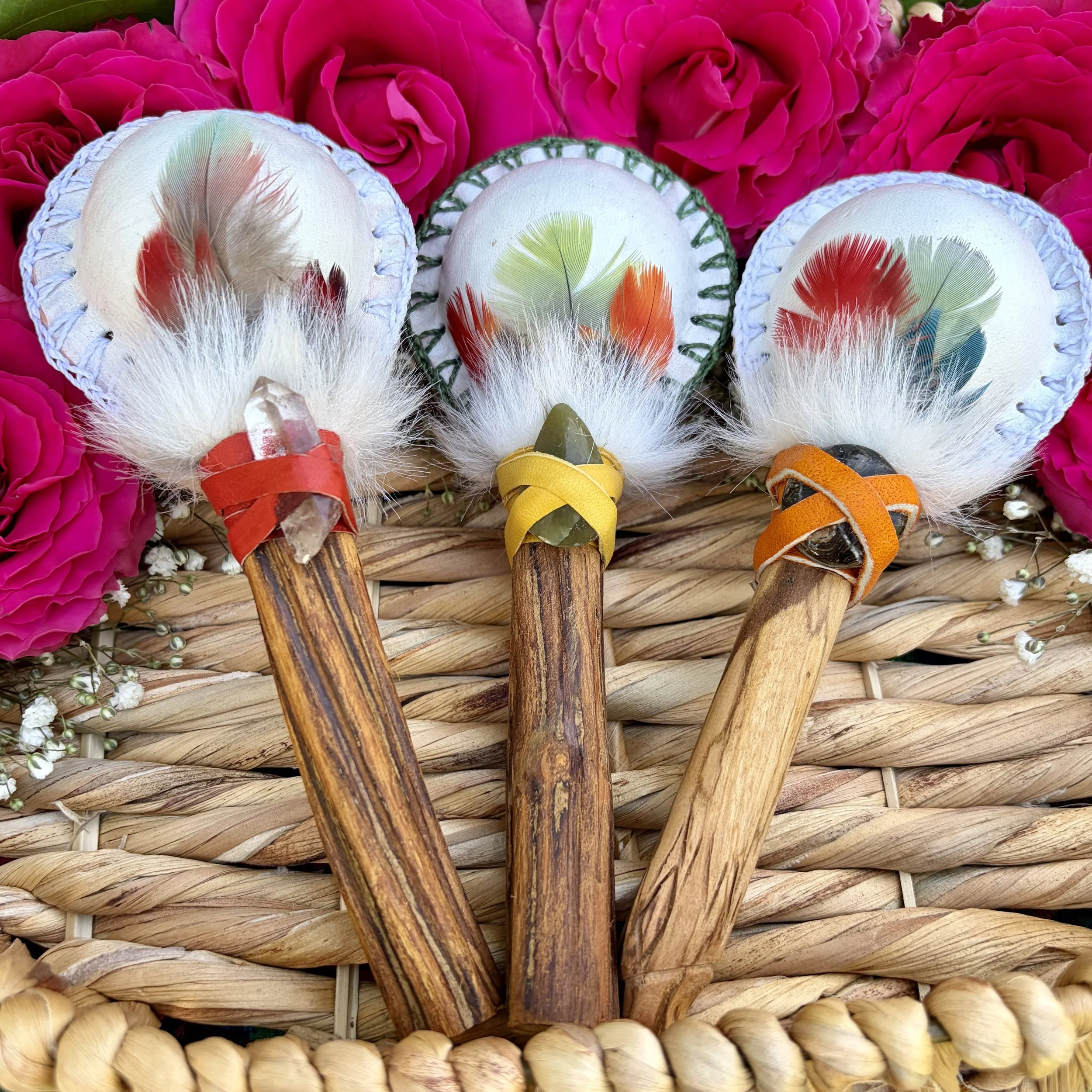Andean Style Rattles with Feathers and Crystals - Ayah Vine Handle or Palo Santo Handle - Good for Overnight Ceremony