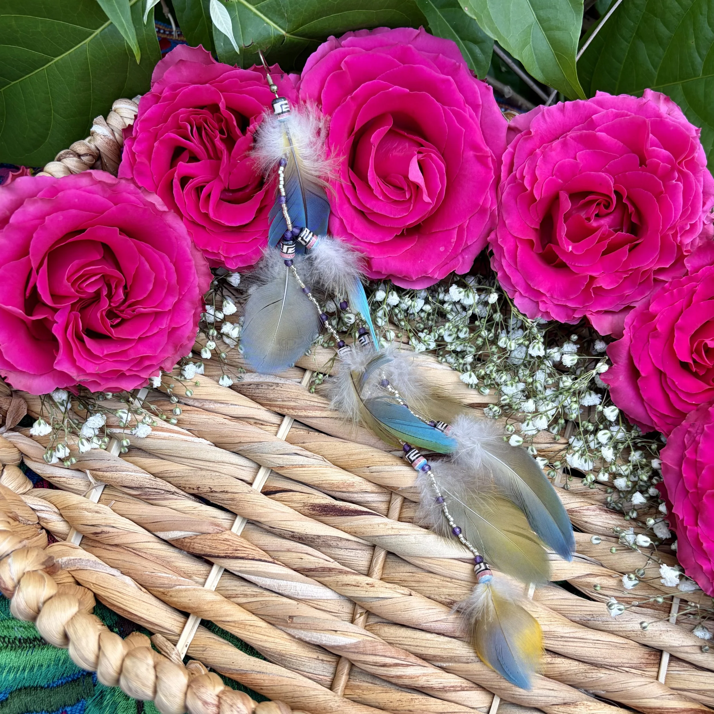 Macaw Feather Ceremonial Earring with Sterling Silver Beading - Handmade by an artisan. One of a kind.